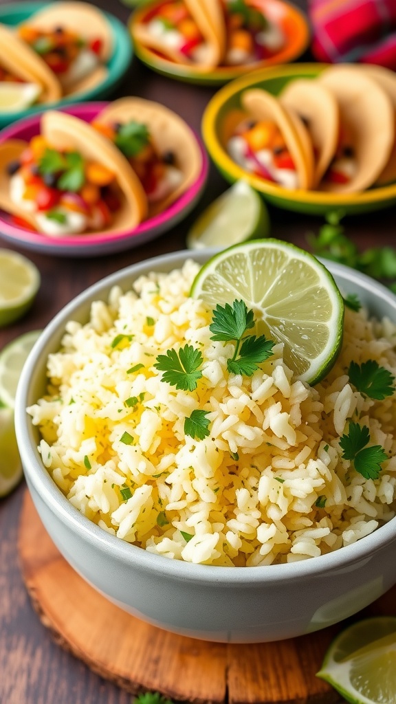 Zesty Cilantro Lime Rice Recipe for Your Next Celebration Fluffy cilantro lime rice served in a bowl, garnished with cilantro and lime wedges, with festive taco dishes in the background.